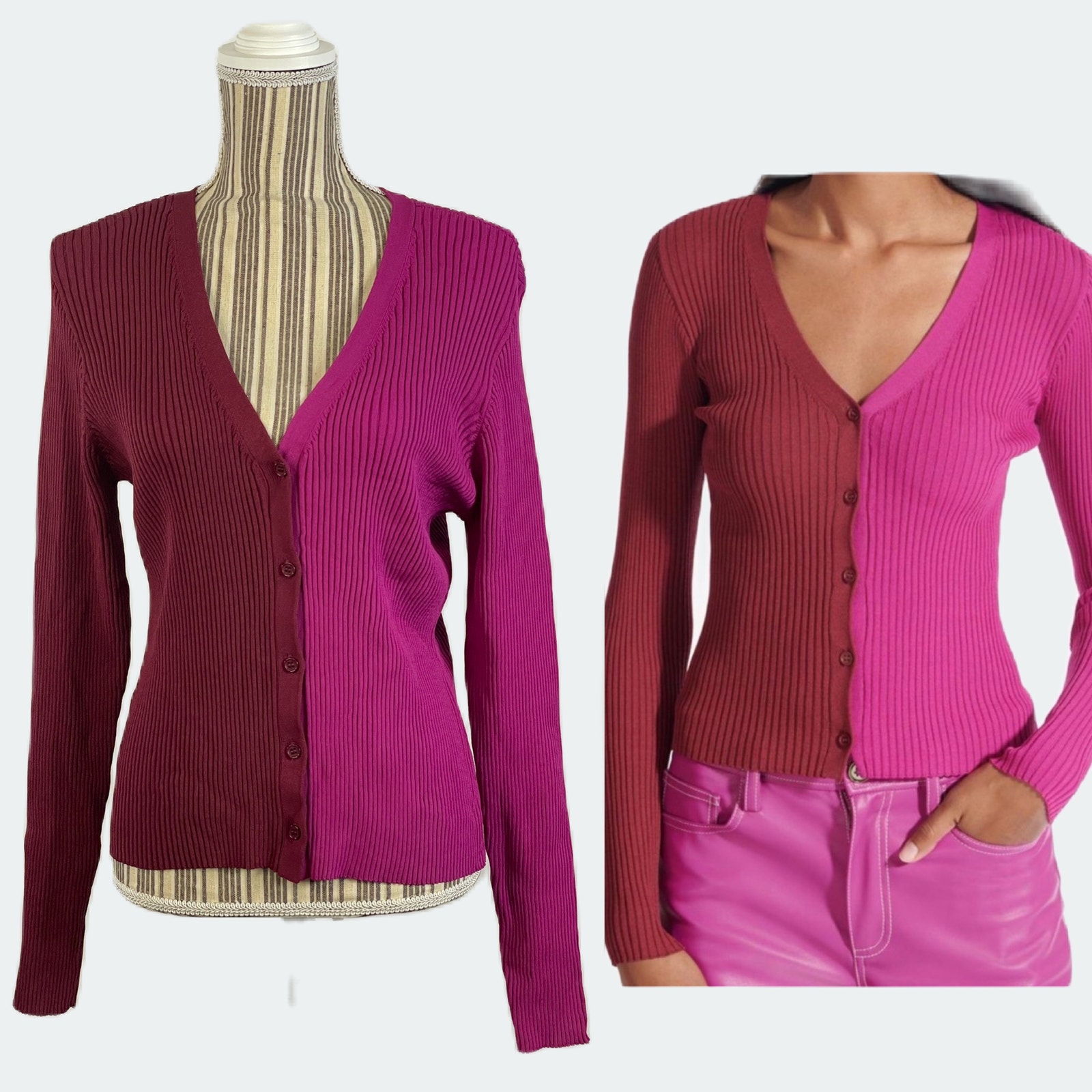 Staud Cargo Color Block Button Front Cardigan Burgundy Pink Size Xl New